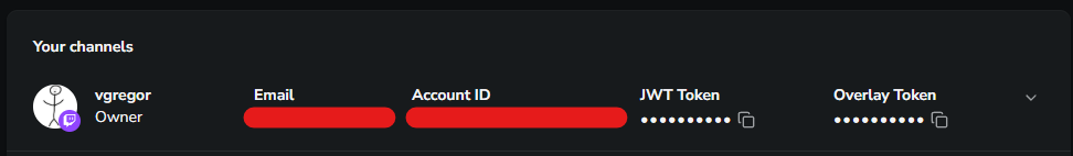 StreamElements Your channels table showing the Account ID and JWT Token columns